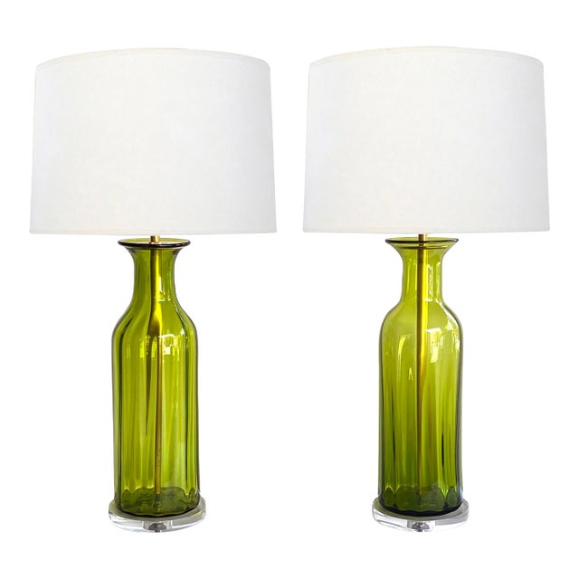 Large Pair Blenko Mid Century Olive-Green Ribbed Vases Now as Lamps For Sale