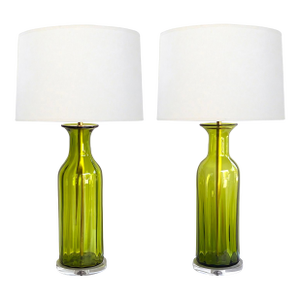 Large Pair Blenko Mid Century Olive-Green Ribbed Vases Now as Lamps