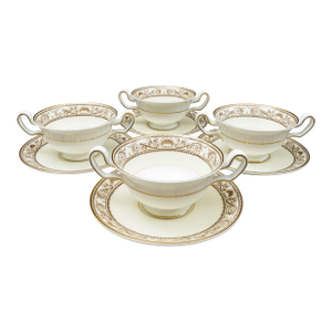 Mid 20th Century Wedgwood England Runnymede Cream Bone China Cream Soup Bowls & Saucers Set of 4