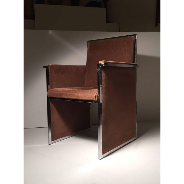 Pair of vintage Italian upholstered club side chairs purchased with a Paul Evans game table. Designer sled base for legs....