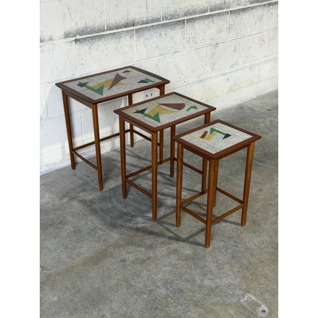 Teak Abstract Mosaic Tile Top Nesting Tables Set of 3 Mid-Century Modern 1960s For Sale In Los Angeles - Image 6 of 10