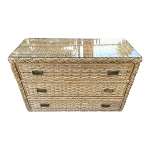 Mid-Century Michael Taylor Style Thick Woven Rattan 3 Drawer Dresser with Glass Top