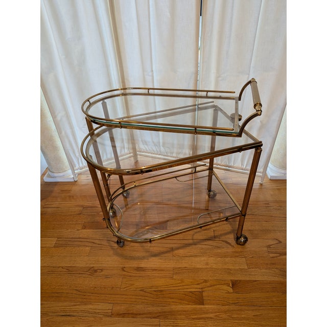 Hollywood Regency Double Sided 3 Tiered Vintage Rolling Brass/Glass Bar Cart, a Hollywood Regency Classic With Swivel Top and Secure Lock For Sale - Image 3 of 16