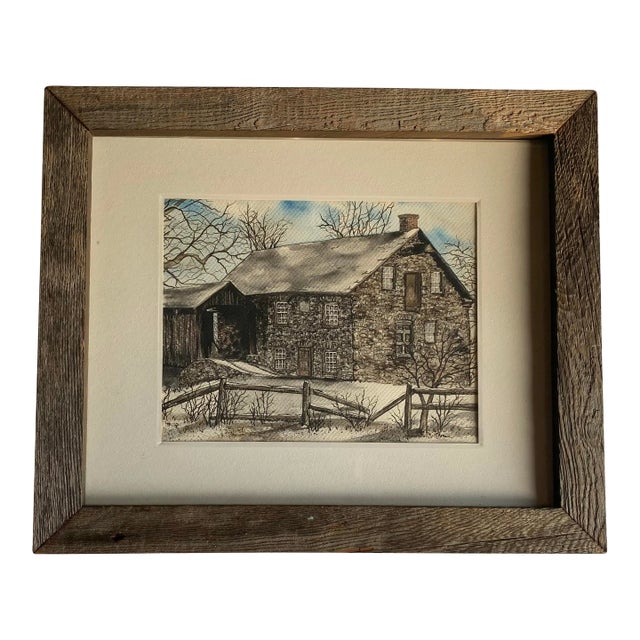 1980s Original Framed Watercolor of an Old Stone Mill House For Sale