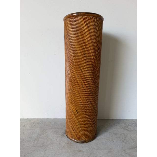 1970s Vintage Boho Chic Pencil Reed & Wood Cylindrical Pedestal Plant Stand For Sale - Image 10 of 12