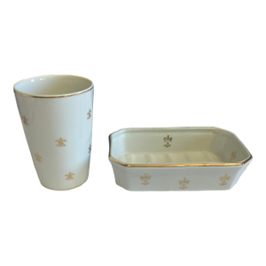 1980s Porcelain Cup and Soap Dish Set With Gold Fleur-De-Lis - Set of 2