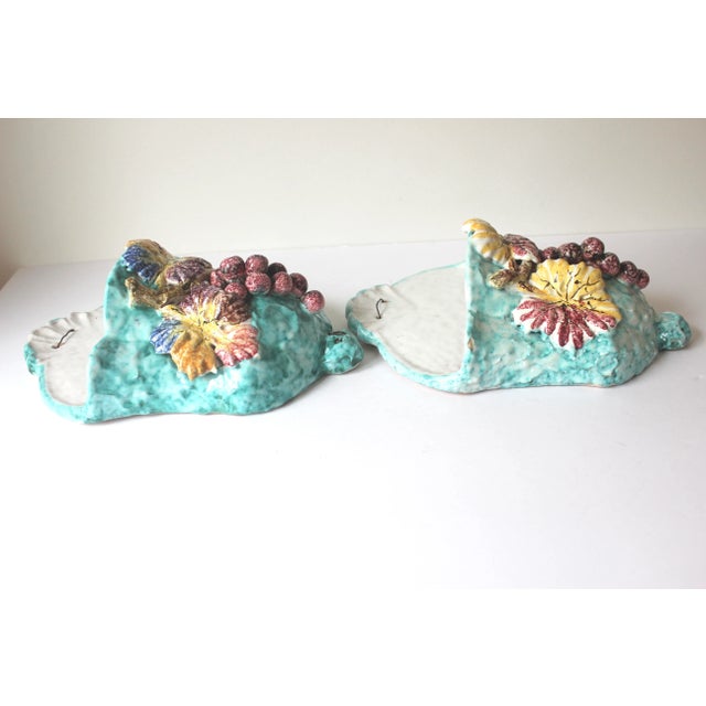 Pair of Italian Ceramic Majolica Pottery, Grapes, Aqua Turquoise Blue Wall Pocket Vase Planters For Sale - Image 9 of 11