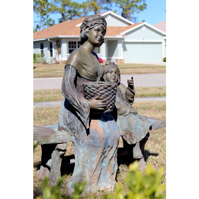 Metal Vintage Life-Size Victorian Mother & Child Garden Sculpture With Bronze Faces, Hands & Upper Body – Garden Bench Statue With Basket Planter, 1980s For Sale - Image 7 of 18