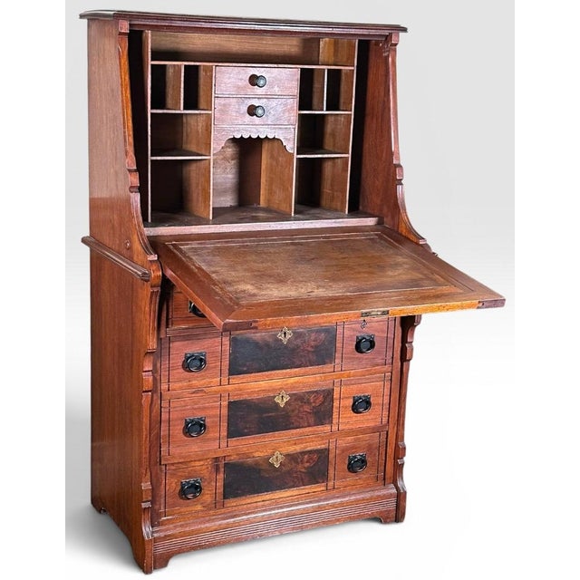 Antique Victorian Drop Front Secretary Desk Bureau Eastlake Attributed With Key For Sale In Portland, ME - Image 6 of 18