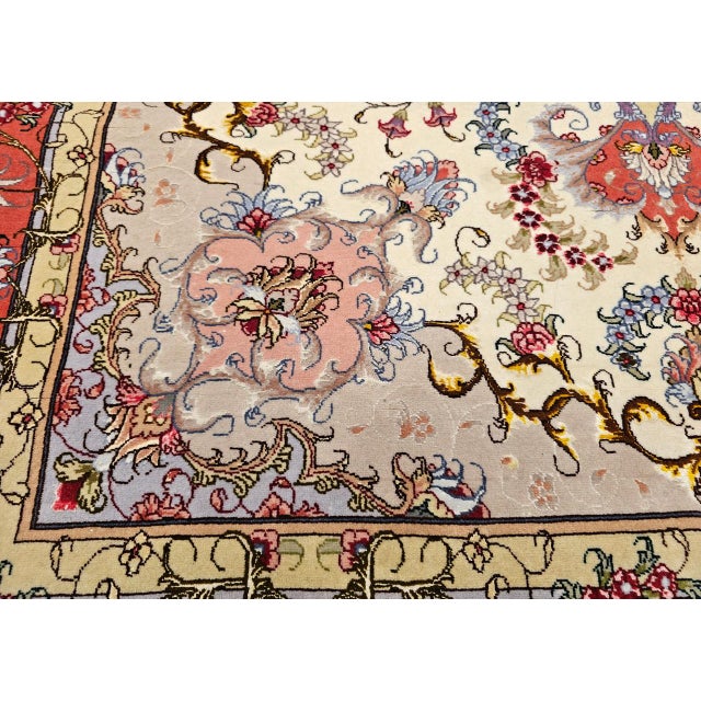 Vintage Persian Tabriz Area Rug, Hand-Knotted Wool & Silk, Floral Pattern, Ivory & Salmon, 5x7 For Sale - Image 14 of 16