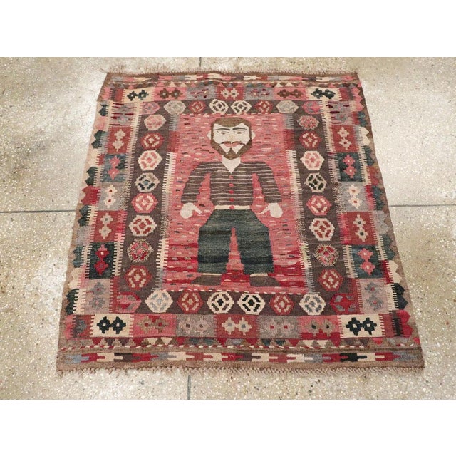 Folk Art Galerie Shabab Collection Mid-20th Century Handmade Turkish Pictorial Flatweave Kilim Square Throw Rug For Sale - Image 3 of 8
