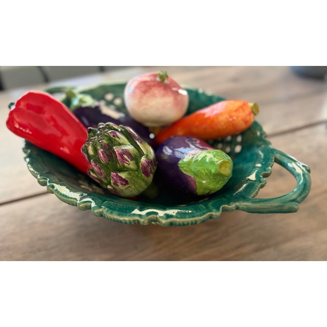 Mediterranean Vintage Italian Majolica Style Trompe l'Oeil Vegetable Basket Centerpiece For Sale - Image 3 of 10