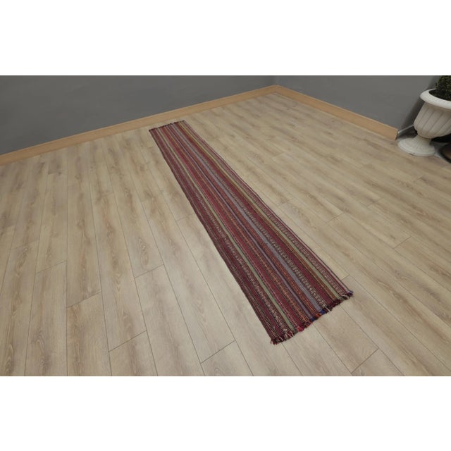 Cabin 1960s Vintage Striped Very Old Natural Wool Kilim Runner Rug For Sale - Image 3 of 13
