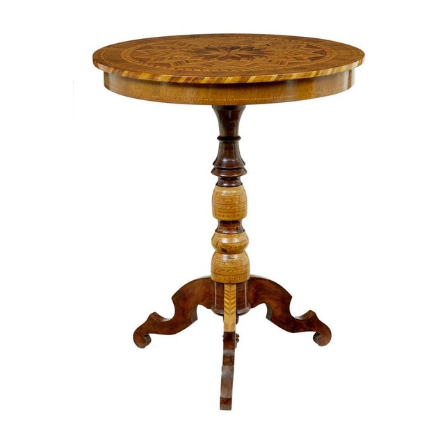 19th century Italian inlaid walnut sorrento table circa 1880. Beautiful table showcasing the use of walnut and olive...