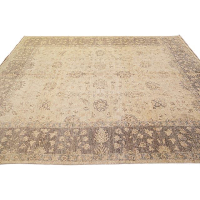 2010s Handcrafted Modern Paki Peshawar Beige Wool Rug With Palmettes Design For Sale - Image 5 of 12