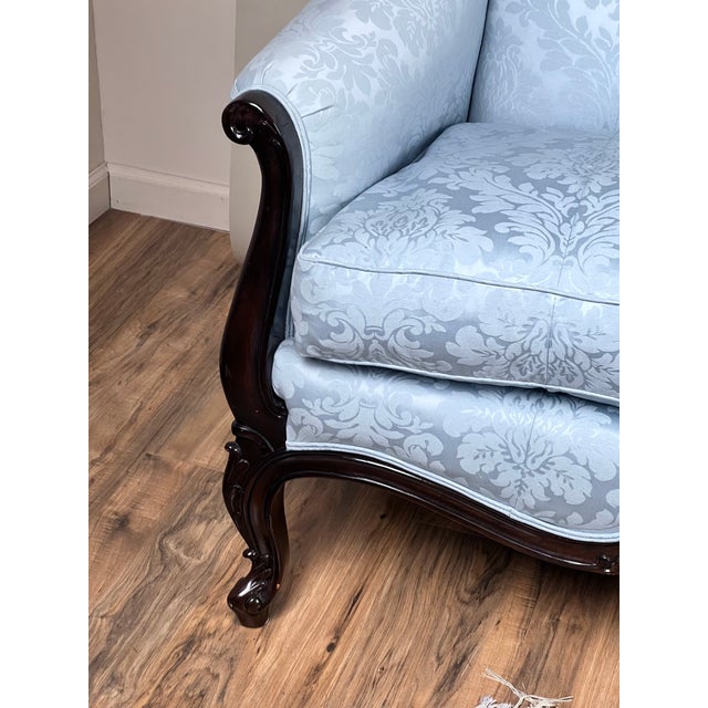 Vintage Louis XV Rococo Style Sofa in Newer Pale Blue Damask Upholstery For Sale - Image 4 of 9