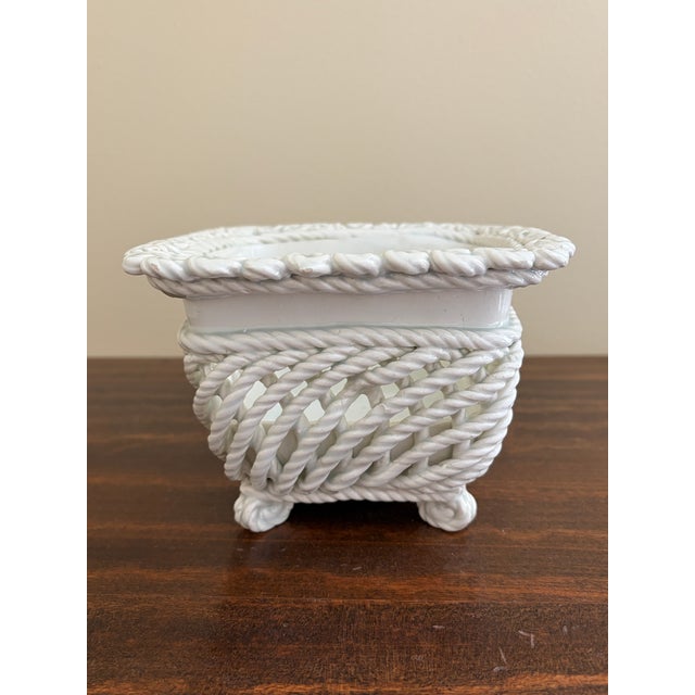 French Country White Ceramic Woven Rope Cachepot Basket For Sale - Image 4 of 8
