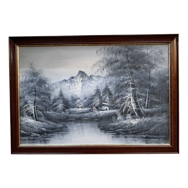 Large Oil Painting, Black & White Winter Landscape on Canvas, H. Gamlen, 1980 For Sale
