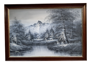 Large Oil Painting, Black & White Winter Landscape on Canvas, H. Gamlen, 1980