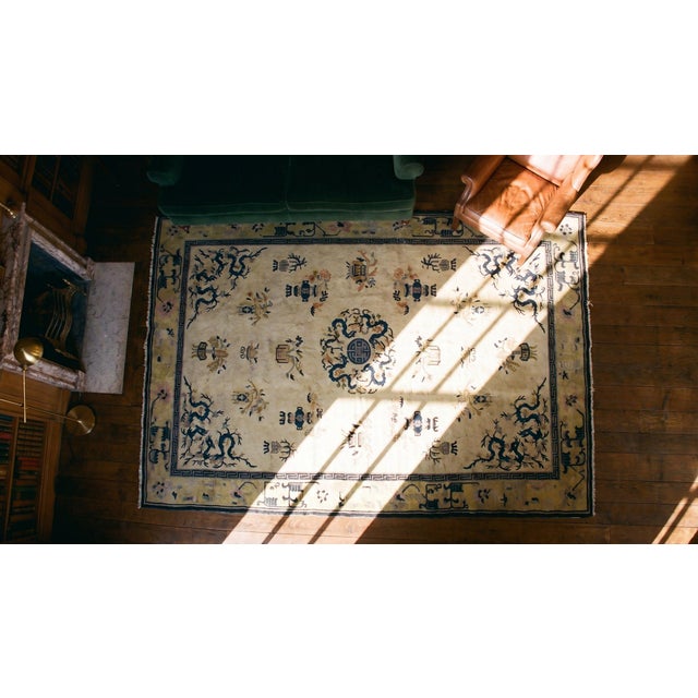 Early 20th Century 1900s Beige Floral Medallion Hand Knotted Antique Chinese Peking Rug 6' 0" X 9' 0" Wool Carpet For Sale - Image 5 of 7