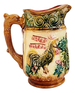 French Majolica Cockerel Carafe with Dragon Handle, 1800s