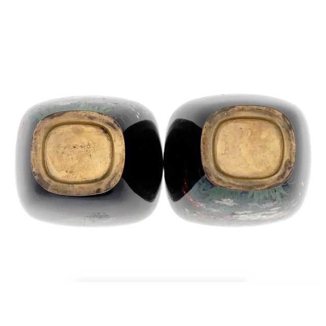 Paint Pair of Antique Meiji Japanese Cloisonne Silver Wire Enamel Vases Blossoming Garden With Cherry Blossom Tree For Sale - Image 7 of 8