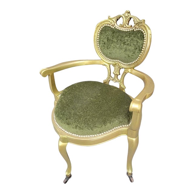 Antique Victorian Gold Carved Ornate Corner Chair Newly Reupholstered in Green Velvet For Sale