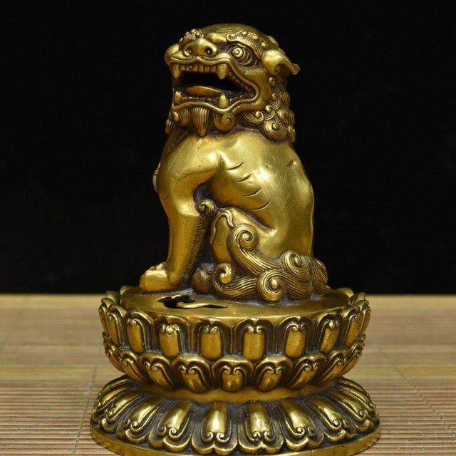 Gilt Bronze Guardian Lion Incense Burner – 8.3" Foo Dog Censer on Lotus Base For Sale - Image 4 of 9
