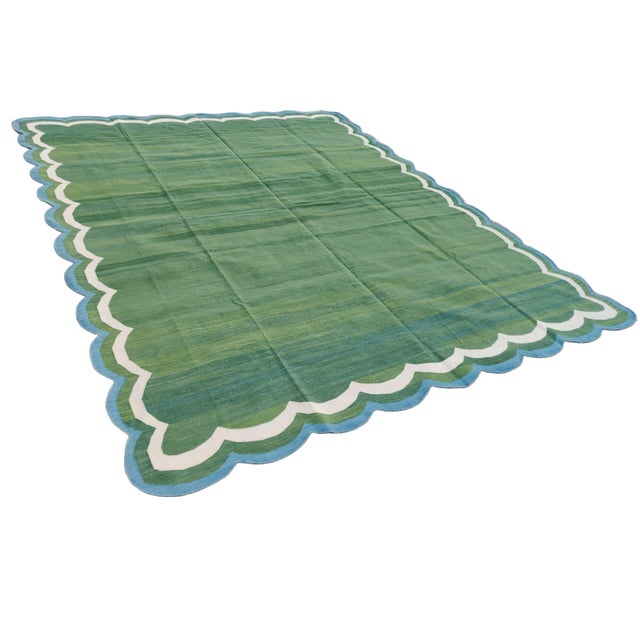 Mid-Century Modern Not Yet Made - Made To Order Handmade Cotton Reversible Scalloped Edge Rug Forest Green With Cream and Teal Blue Border - 9'x12' For Sale - Image 3 of 11