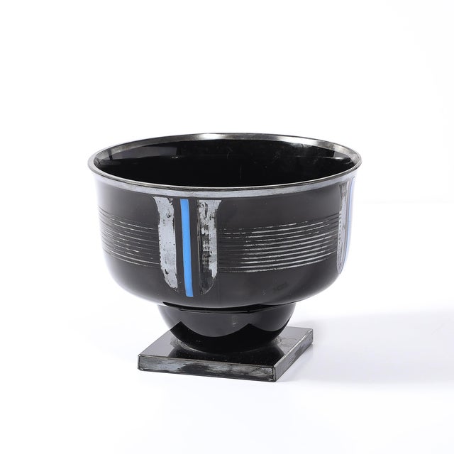 Art Deco Art Deco Silvered Black Glass Linear Detailed Bowl Signed Hem by Michel Herman For Sale - Image 3 of 15