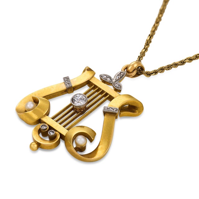 Victorian 19th Century Victorian Diamond Pearl 18k Yellow Gold Lyre Necklace For Sale - Image 3 of 6