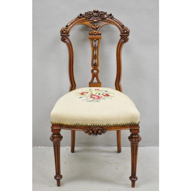 Antique Victorian Carved Walnut French Tapestry Parlor Side Chairs - Set of 4 For Sale - Image 14 of 15