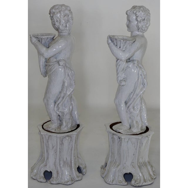 Traditional Pair of 19th Century Italian Glazed Terracotta Cherubs on Tree Trunk Pedestals For Sale - Image 3 of 9