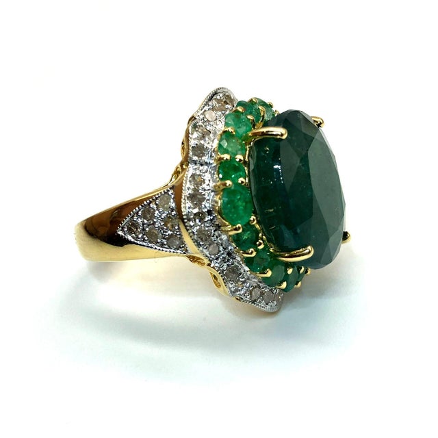 Bochic “Capri” Vintage Emerald & Diamond Ring Set in 18K Gold & Silver Natural Emeralds - 9 Carats Natural Rose Cut Gray...
