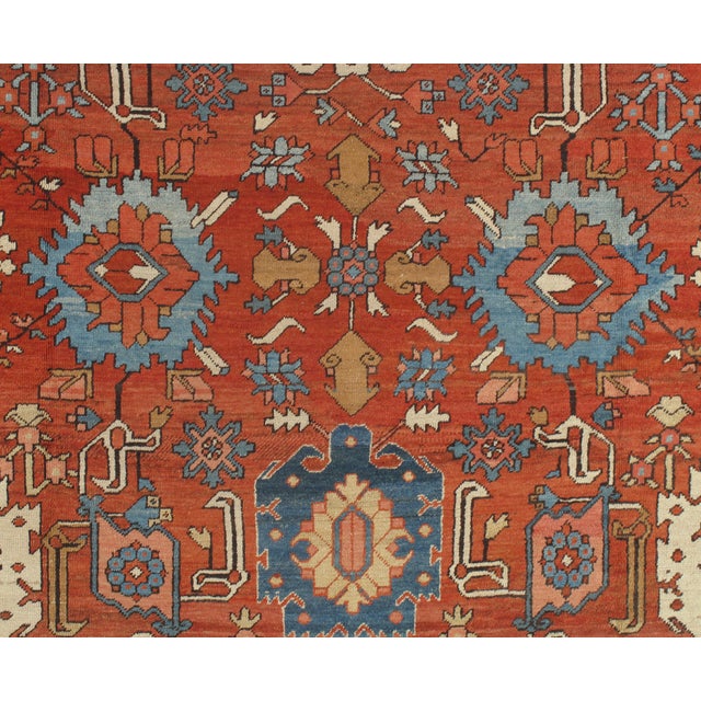 Antique Persian Serapi Carpet, Handmade Wool Oriental Rug Ivory, Rust Light Blue For Sale - Image 11 of 18