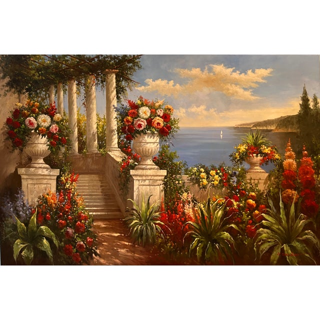 XL Framed Vintage Floral Landscape Oil Painting For Sale - Image 4 of 13