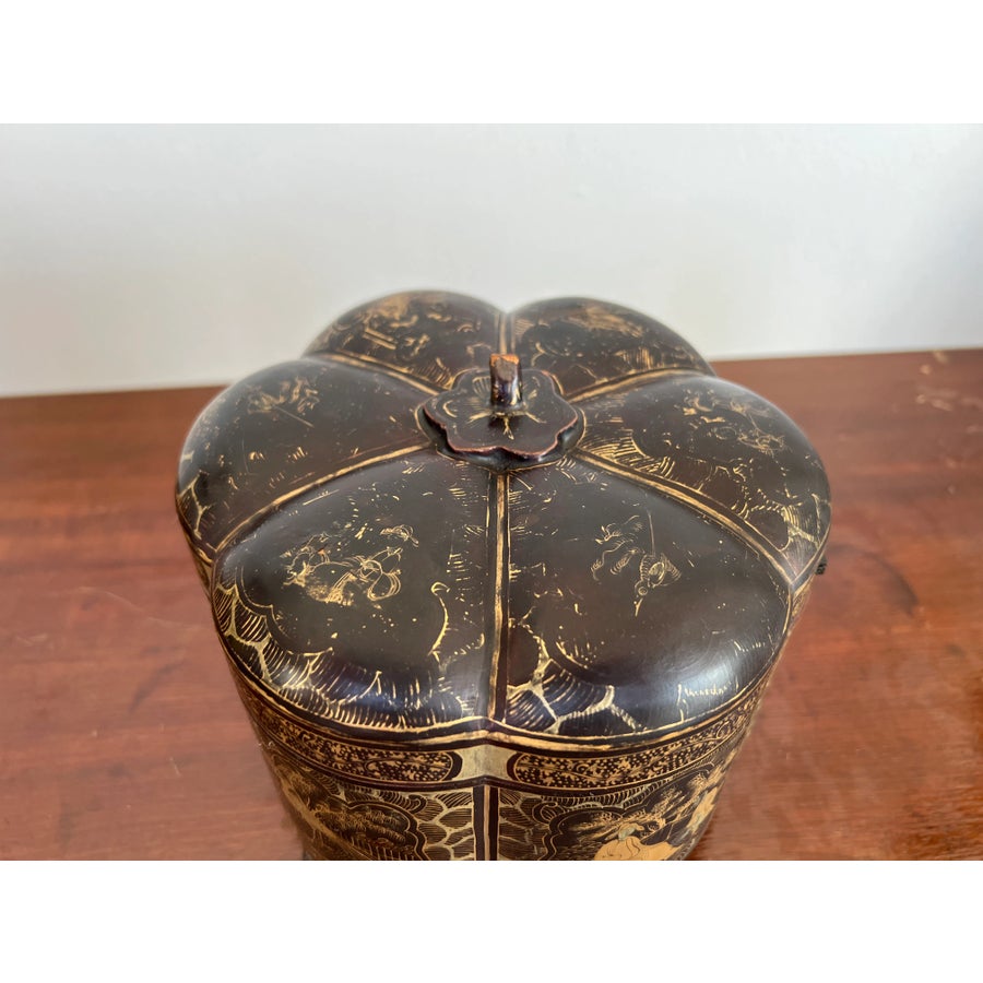 19th Century, Chinese Export Gilt Black Lacquer Melon Form Tea