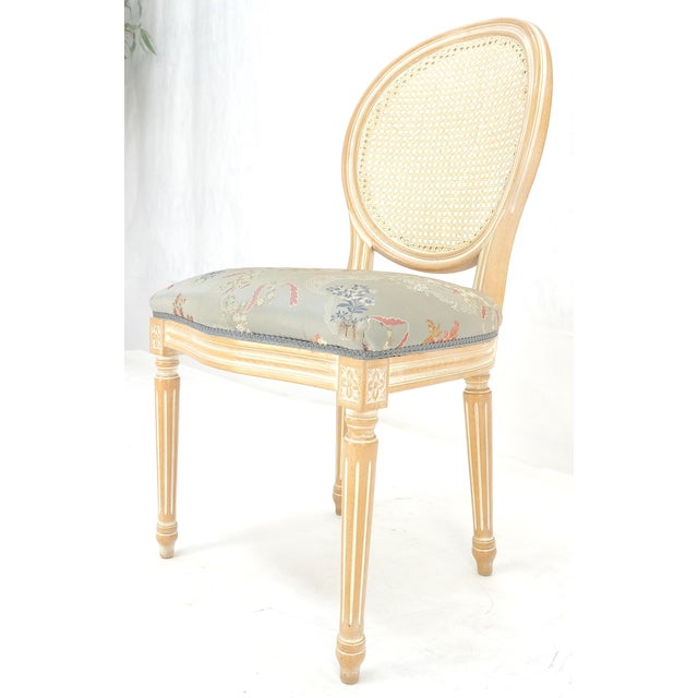 Beige Oval Back Silk Upholstery Cane Back White Wash Finish French Side Chair CLEAN For Sale - Image 8 of 9