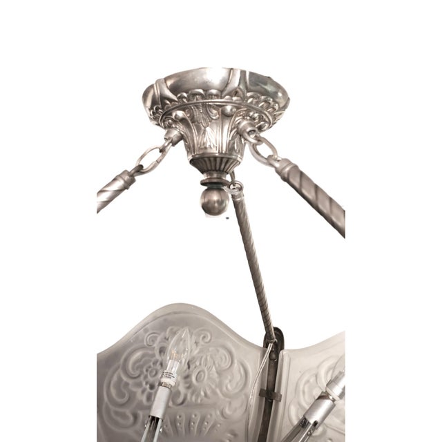 Large and Bulbous Art Deco Blossom 6 Panel Art Glass Chandelier in Nickel by VSL For Sale - Image 10 of 13