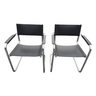Vintage Italian B34 Leather Chrome Slide Chairs by Mart Stam, 1990s, Set of 2 For Sale