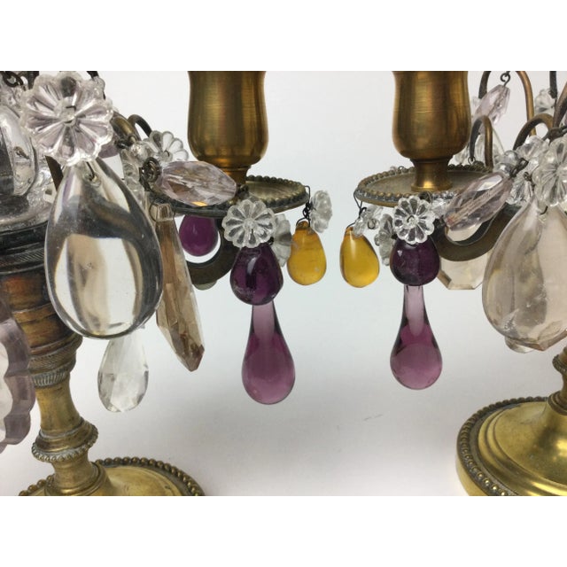 Early 20th Century Clear Amethyst & Amber Crystal Girandole Candelabras - A Pair For Sale - Image 9 of 10