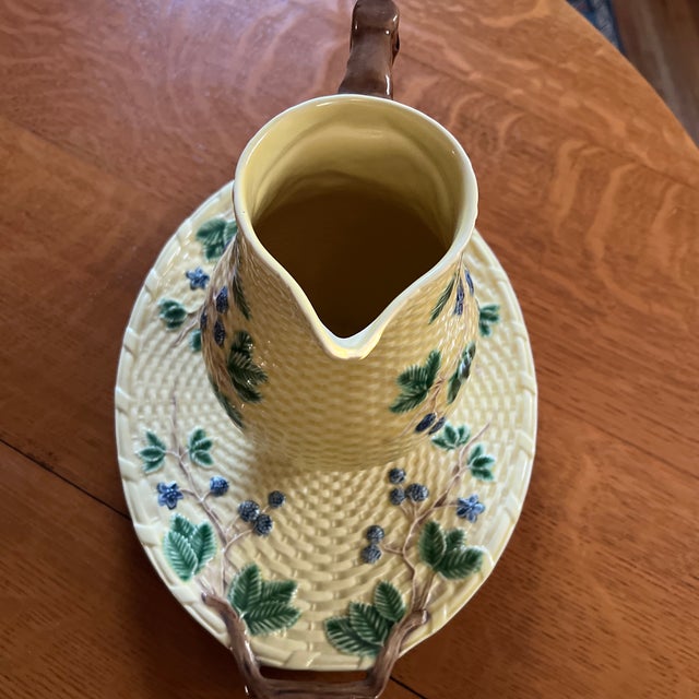 Vintage Tiffany & Co. Blackberry Majolica Pitcher & Tray Set - Portugal Basketweave For Sale - Image 12 of 12