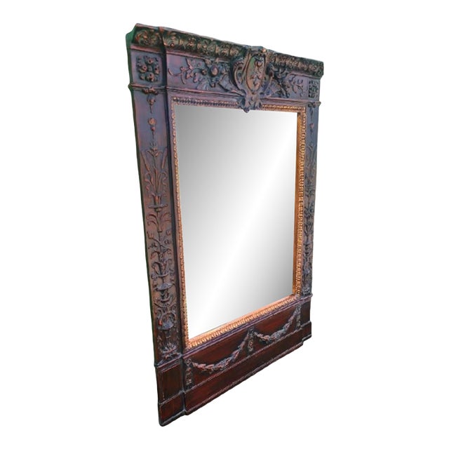 Vintage Monumental French Estate Pier Style Decorative Dark Faux Wood Finish Wall Floor Mirror For Sale