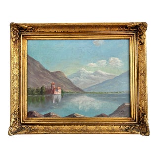 Vintage Signed Mountain Lake Landscape Oil Painting For Sale