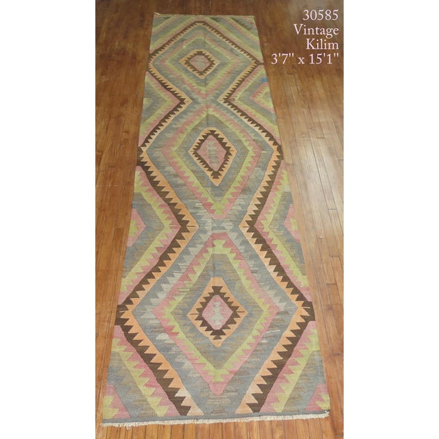 Wide and long Turkish geometric Kilim flat-weave runner. 3'7'' x 15'1''