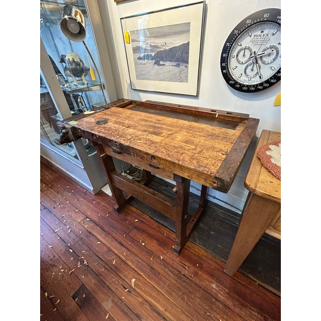 Fantastic antique maple workbench by Hammacher Schlemmer having original iron vice and single drawer. Would make a rustic...