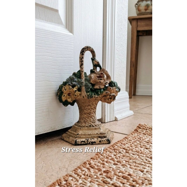 Victorian 1930s Hubley #152 Cast Iron Basket of Flowers Doorstop With Original Paint For Sale - Image 3 of 10