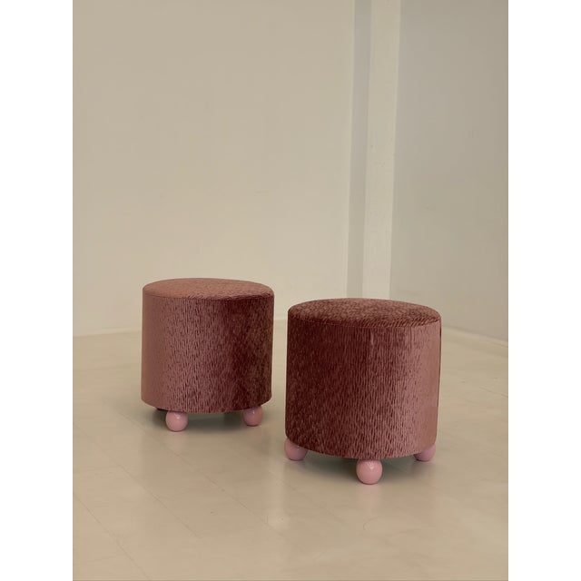 Wood Vintage Poufs in Textile, 1970s, Set of 2 For Sale - Image 7 of 7