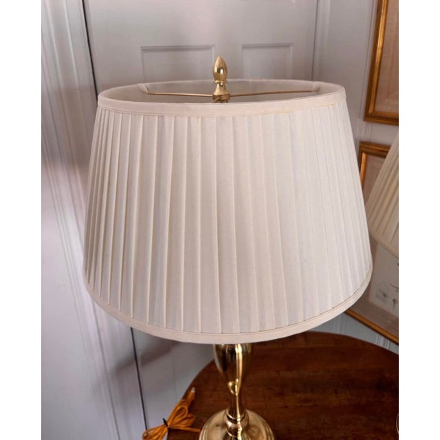 Vintage Tall Heavy Brass Three Arm Bouillotte Lamps With Creamy Off White Pleated Shades - a Pair For Sale - Image 10 of 10