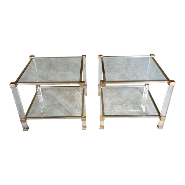 1970's Signed "Pierre Vandel" Lucite & Gilded Metal End Tables Pair For Sale